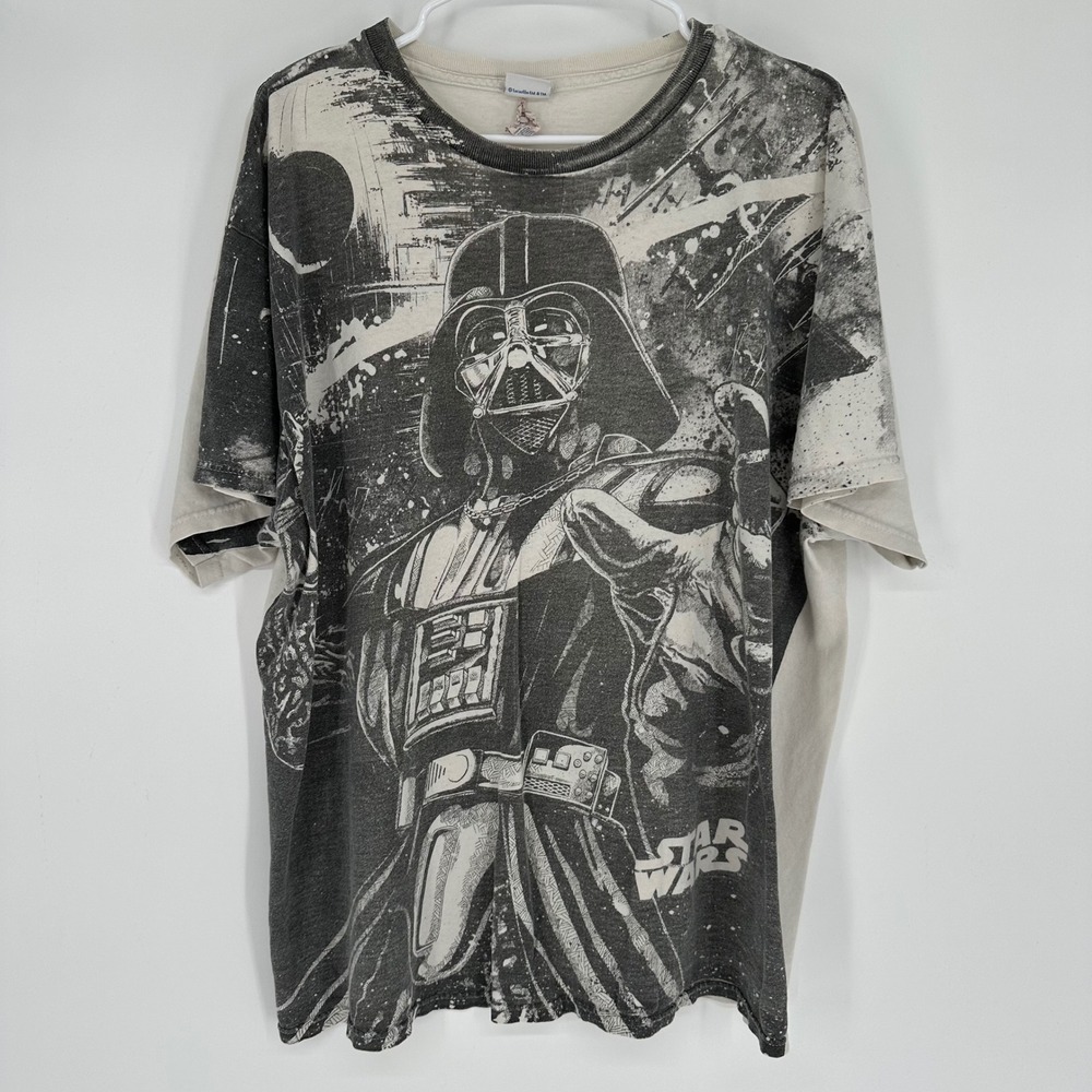 Vintage Star Wars Darth Vader Graphic T-Shirt Mens XL Cream Black All Over Print